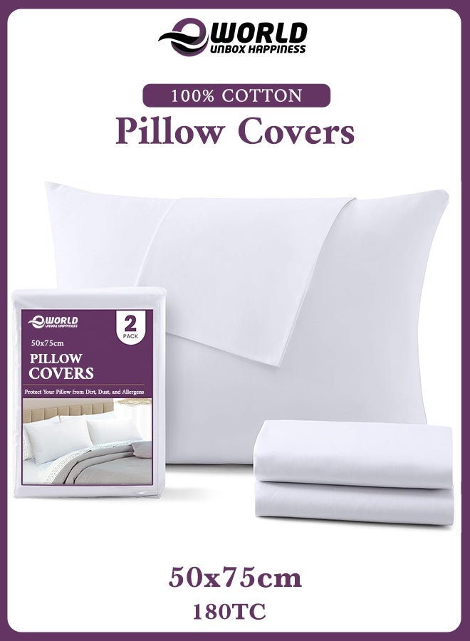 إي وورلد طقم غطاء وسادة 2 قطعة من القطن 100٪ | أبيض سادة | جودة فندقية وراحة عالية | 50×75 سم، 180 TC - Image 1